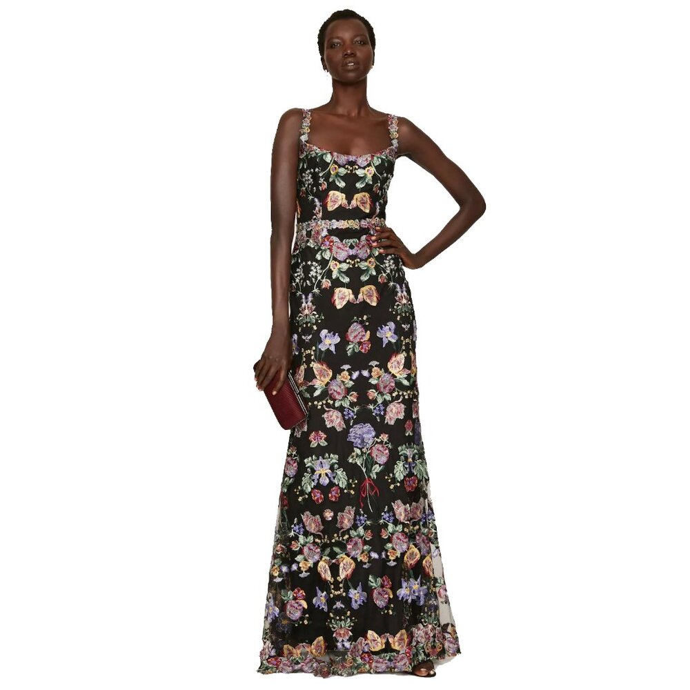 Marchesa Notte Metallic Floral Embroidered Tulle Gown, Size 6